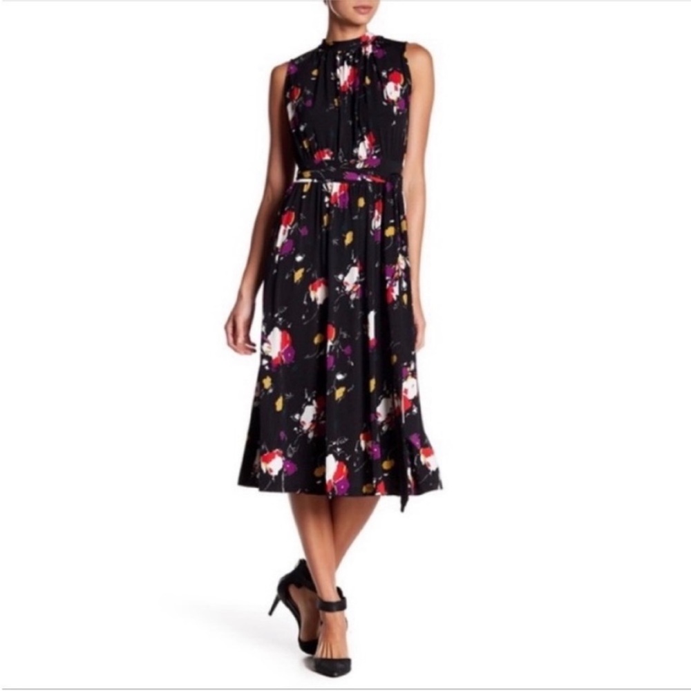 Leota Fit and Flare Sleeveless Dress - Black with Purple Flowers - Size Medium